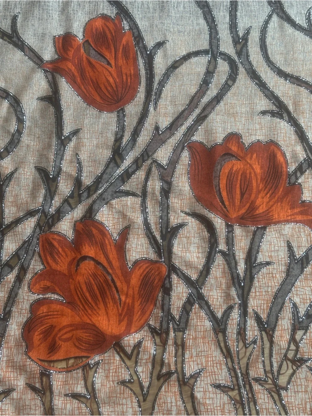 Lightweight Floral Fringe Scarf in Taupe and Rust